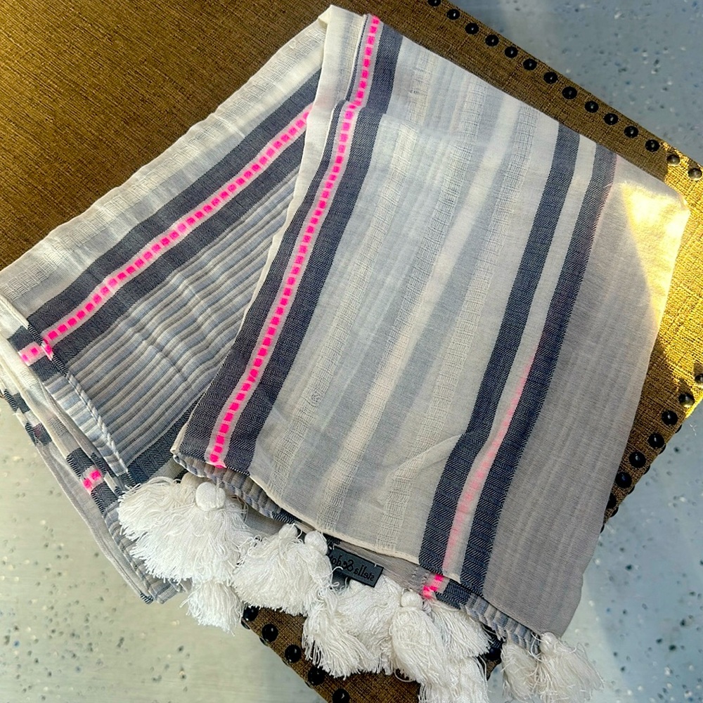 Stella & Dot white infinity scarf with denim blue and bright pink.
